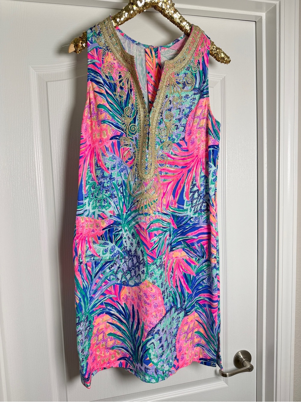 Lilly Pulitzer Carlotta stretch shift dress in Gypset Paradise with gold trim